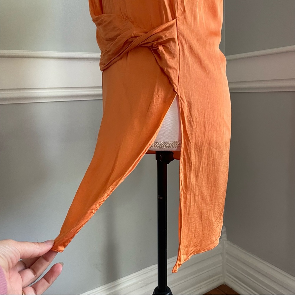 MNG Mango Vibrant Orange Asymmetrical Draped Satin Shirt Size M Split Side - Picture 10 of 13